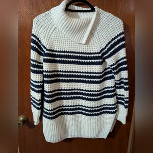 Lands' End Navy and White Striped Cowl Neck Sweater